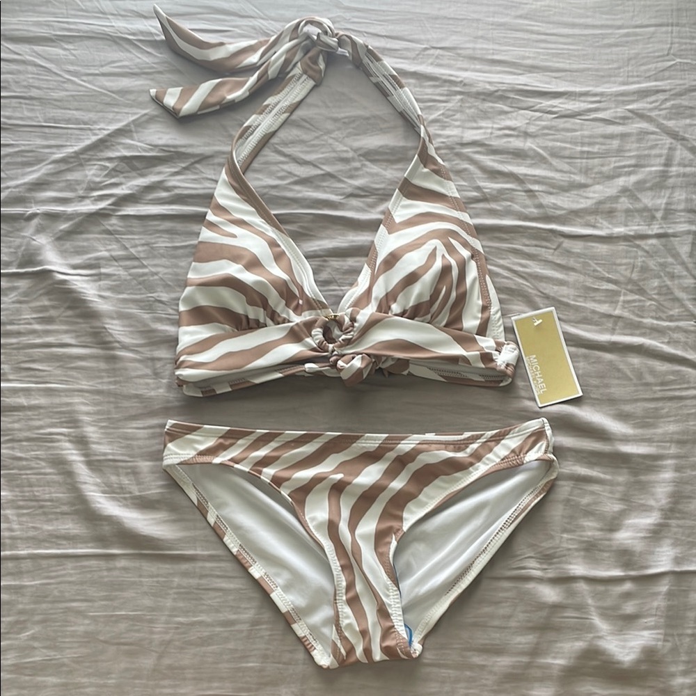 Michael Michael Kors Zebra Print Bikini Set Tan White Halter XS